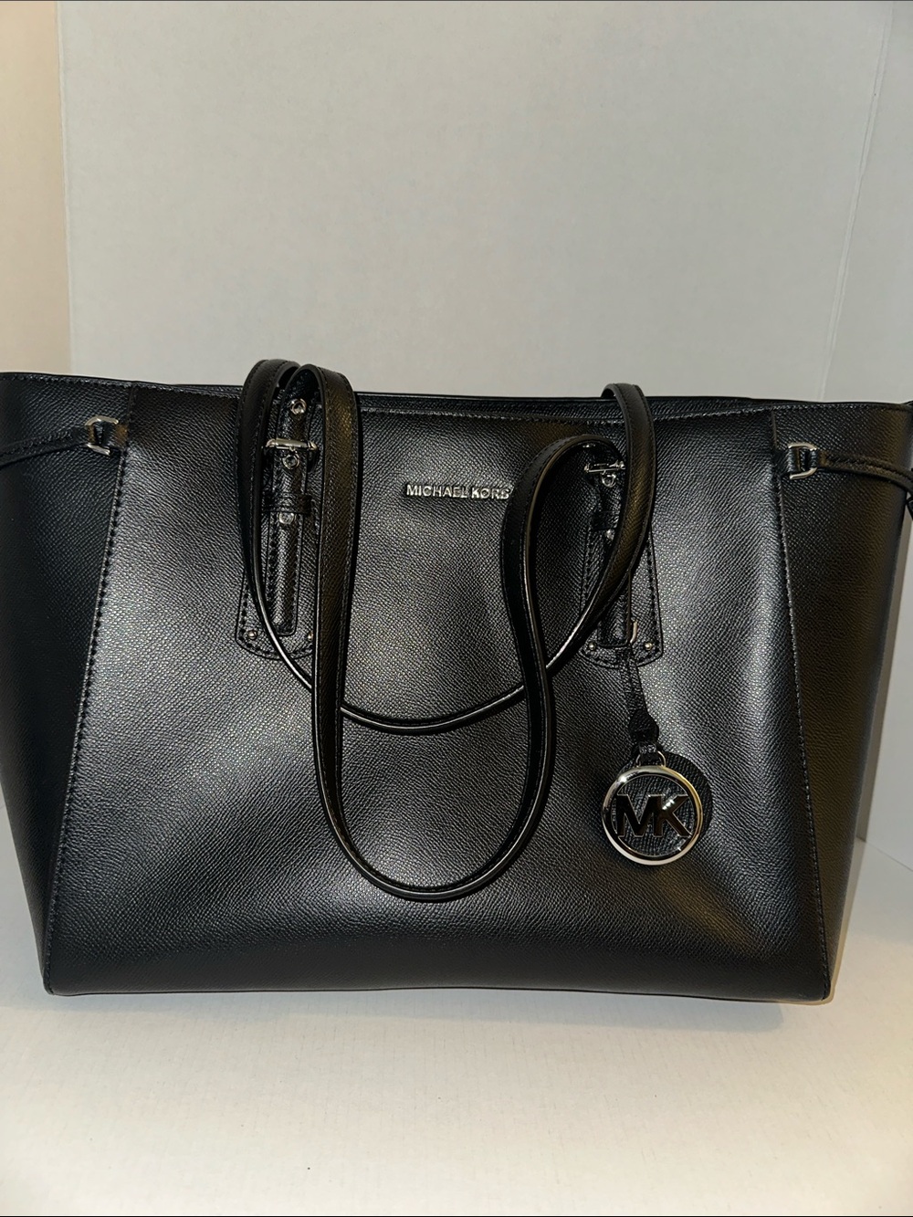 Michael Kors Black Saffiano Leather Tote with MK Pendant
